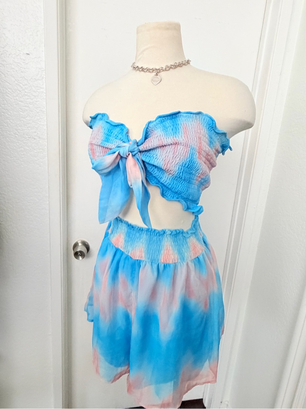 Short Romper Tie-Front in Blue and Pink Tie-Dye - See video